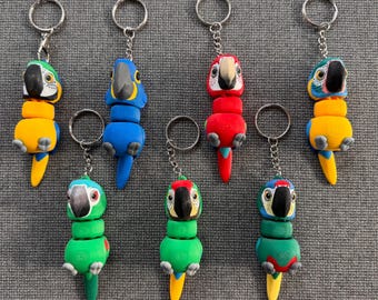 3D printed parrot keychains. Choose from Hyacinth Macaw, blue and gold, Green-wing, Hahn’s, Military, Illiger and blue-throated