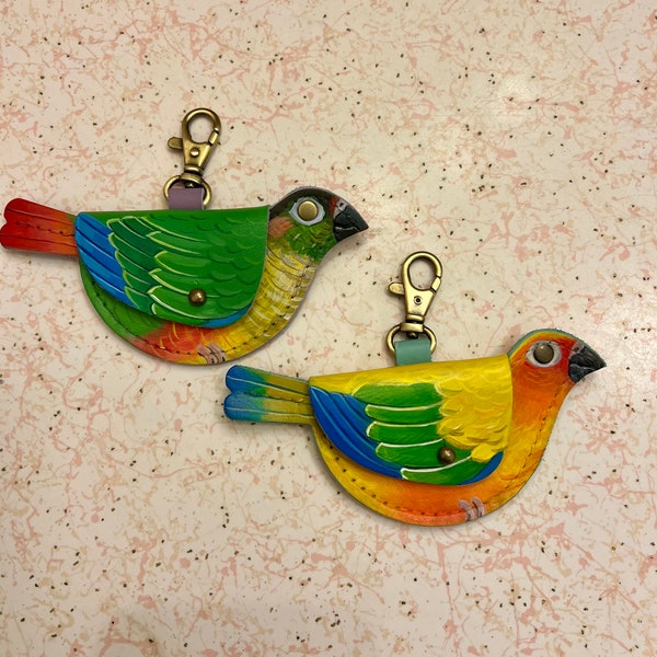 Handpainted leather bird pouches - parrot style