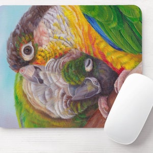 May include: A close-up of two green, yellow, and red parrots with one parrot resting its head on the other's back. The parrots are perched on a branch.