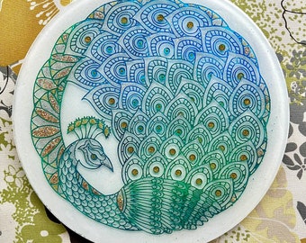 XL Etched peacock - Peacock Feather Mat Placemat or Centerpiece Decoration.  11" round. choose from 4 colors!