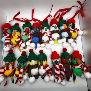 May include: A collection of handmade bird ornaments, each wearing a red knit cap, a green knit cap, and a red and white striped scarf. The birds have various colors, including blue, yellow, green, and gray. Each ornament has a red ribbon for hanging.