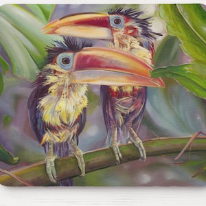 May include: Two toucans with colorful beaks and feathers perched on a branch. The toucans are painted in a realistic style with vibrant colors.
