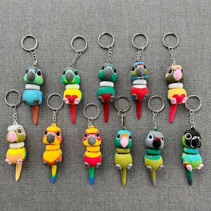 3D-geprinte CONURE-sleutelhangers. GCC, geelzijdig, turkoois, kaneel, ananas, halve maan, karmozijnrood, goudkleurig, zon, jenday, nanday