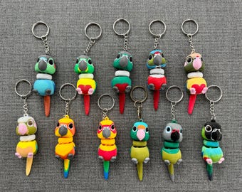 3D printed CONURE keychains. GCC, yellow-sided, turquoise, cinnamon, pineapple, half-moon, crimson bellied, golden, Sun, Jenday, Nanday