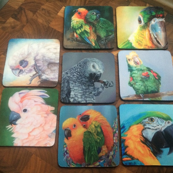 Parrot coasters featuring original artwork