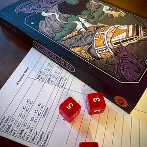 May include: A board game box titled Escape From X8 with a dark illustrated cover featuring a crashed spacecraft, accompanied by a white paper character sheet with printed text and checkboxes, and three translucent red six-sided dice showing numbers.