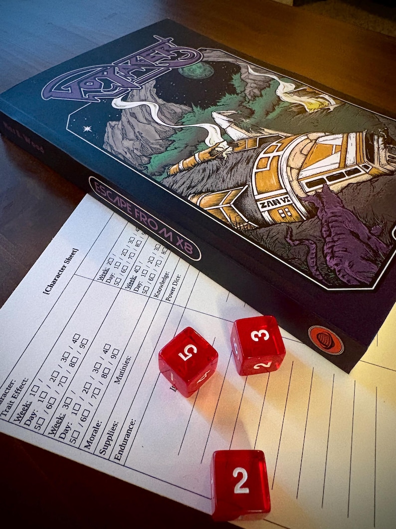 May include: A board game box titled Escape From X8 with a dark illustrated cover featuring a crashed spacecraft, accompanied by a white paper character sheet with printed text and checkboxes, and three translucent red six-sided dice showing numbers.