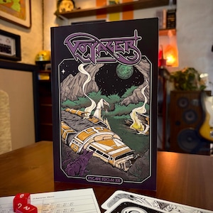 May include: A black book titled Voyager Escape From X8 with a graphic illustration of a crashed yellow and white spacecraft on a green alien planet, accompanied by three red six-sided dice and a character sheet on a wooden surface.
