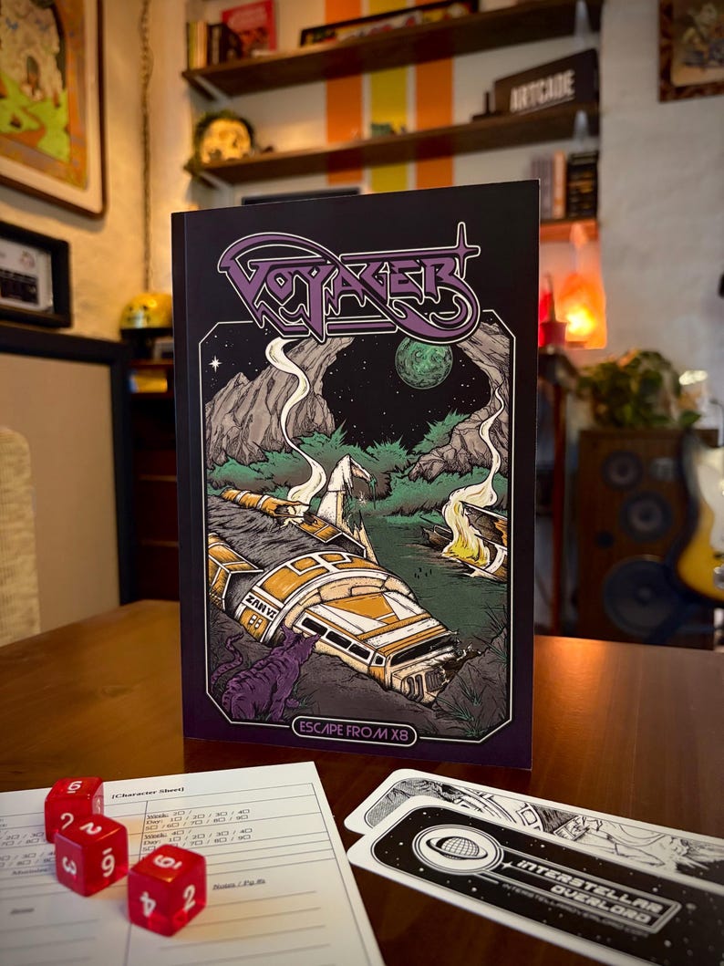 May include: A black book titled Voyager Escape From X8 with a graphic illustration of a crashed yellow and white spacecraft on a green alien planet, accompanied by three red six-sided dice and a character sheet on a wooden surface.
