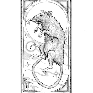 May include: Black and white line art illustration of a rat in a frame. The rat is standing on its hind legs with its tail curled around its body. The background is a stippled pattern.