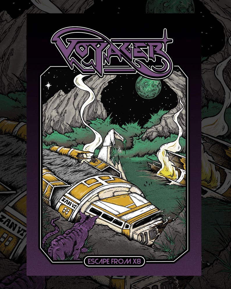 Puede incluir: Un p&oacute;ster rectangular con el texto VOYAGER en la parte superior y ESCAPE FROM X8 en la inferior. La ilustraci&oacute;n muestra una nave espacial amarilla y blanca estrellada con la etiqueta ZAN VI en un paisaje verde con una criatura morada.