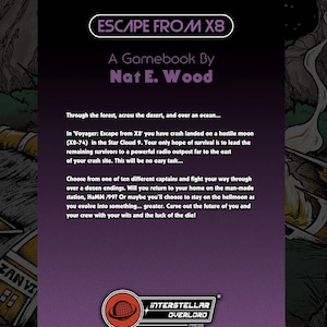 Puede incluir: Un libro de juegos rectangular titulado Escape From X8 de Nat E. Wood. La portada presenta un fondo degradado de violeta a negro con texto blanco que describe un aterrizaje forzoso en una luna hostil, misiones de supervivencia y el logotipo de Interstellar Overlord Press.