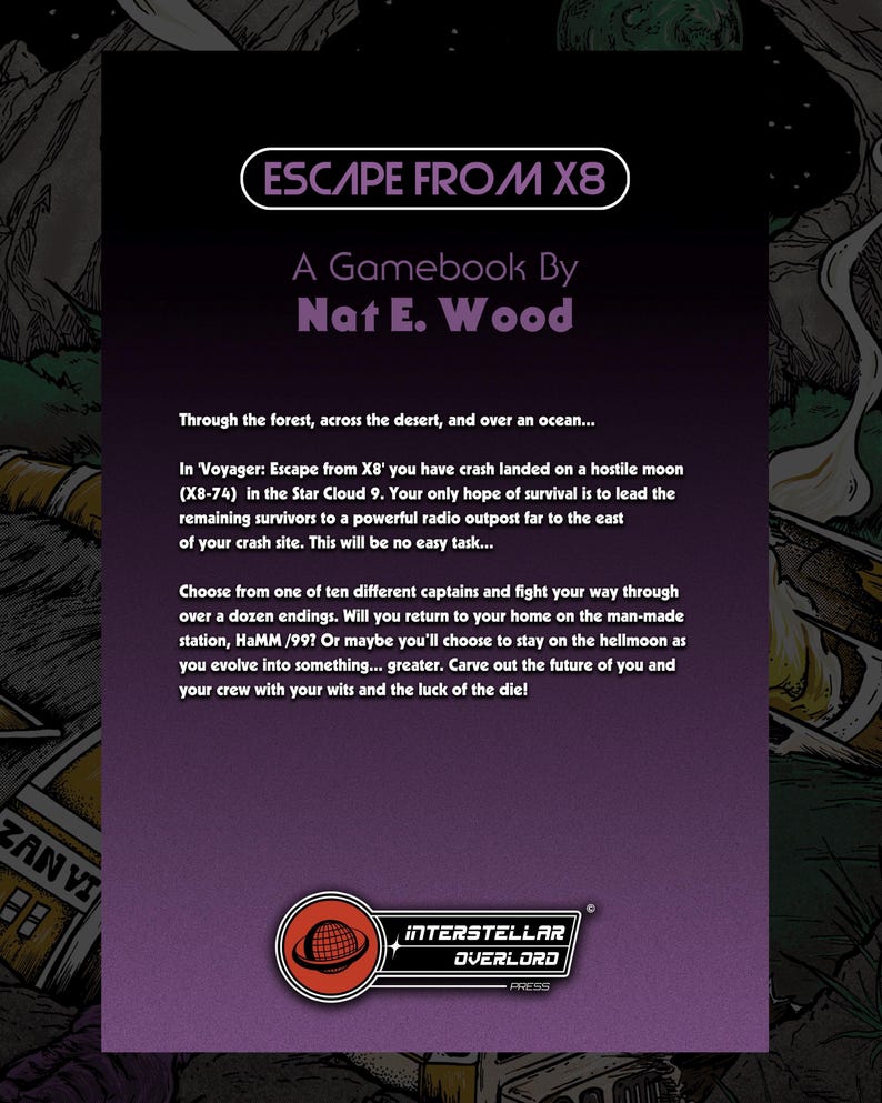 Puede incluir: Un libro de juegos rectangular titulado Escape From X8 de Nat E. Wood. La portada presenta un fondo degradado de violeta a negro con texto blanco que describe un aterrizaje forzoso en una luna hostil, misiones de supervivencia y el logotipo de Interstellar Overlord Press.