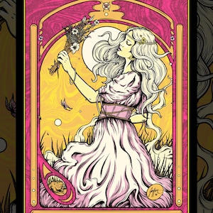 May include: Art Nouveau-style illustration of a woman in a flowing pink dress holding flowers. The artwork features a yellow and pink color scheme, with a butterfly and a frog in the design. The woman has long, flowing blonde hair and is set against a stylized background.