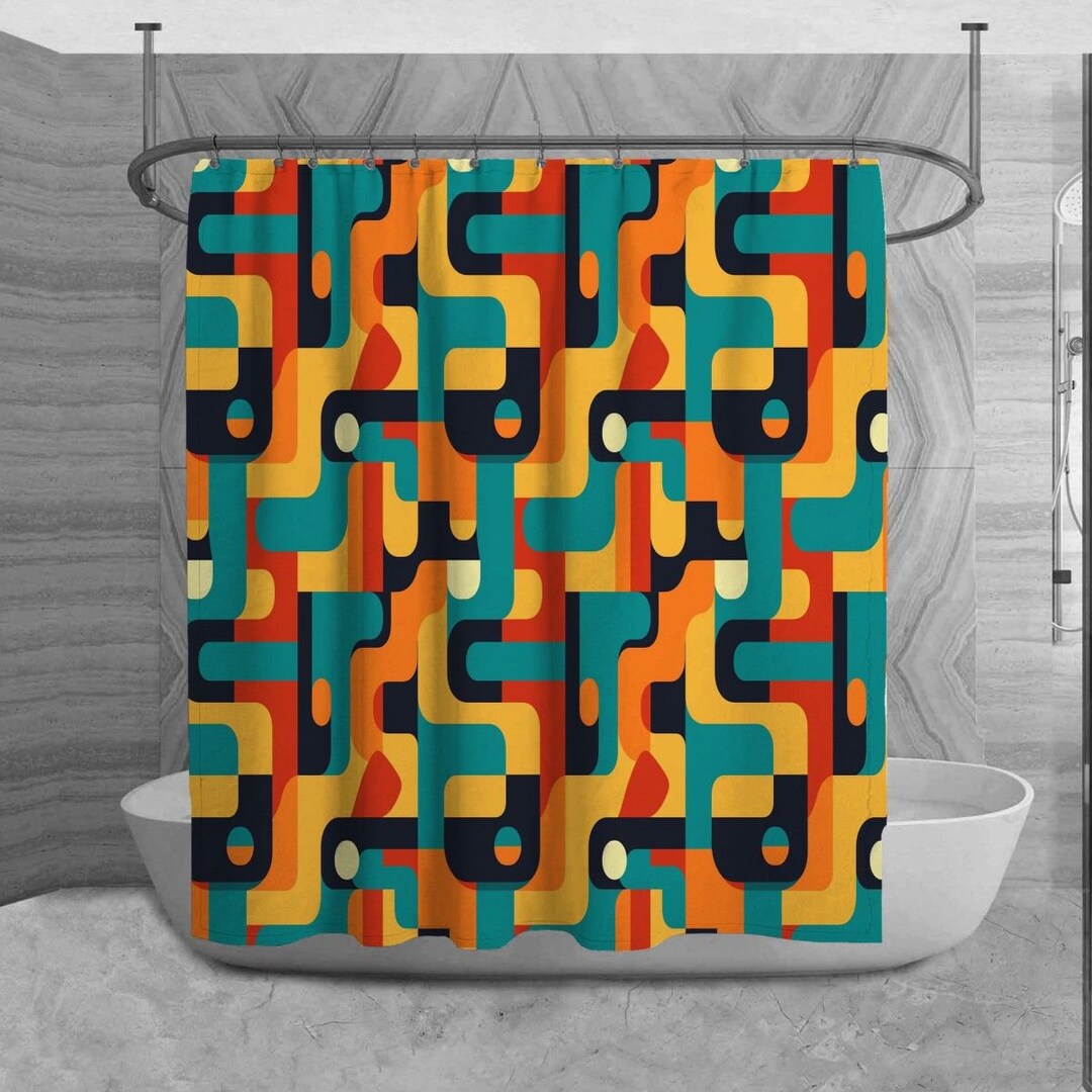 Retro Shower Curtain, Colorful Vintage Bathroom Decor, Orange Geometric