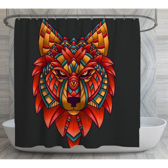 Wolf Shower Curtains Wolf Bathroom Decor Orange Shower Etsy