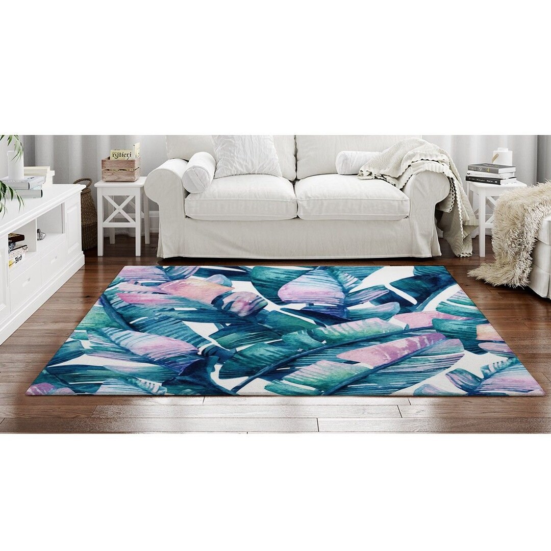 Banana Leaf Rugs Colorful Tropical Leaves Area Rug Teal Pink and White ...