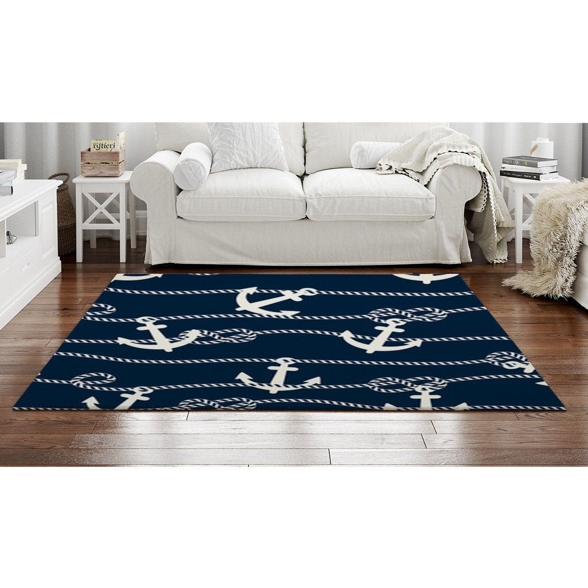Nautical Lighthouse Seashore Seaside Accent Rug Anchor Lifesaver Ring Accent Rug 