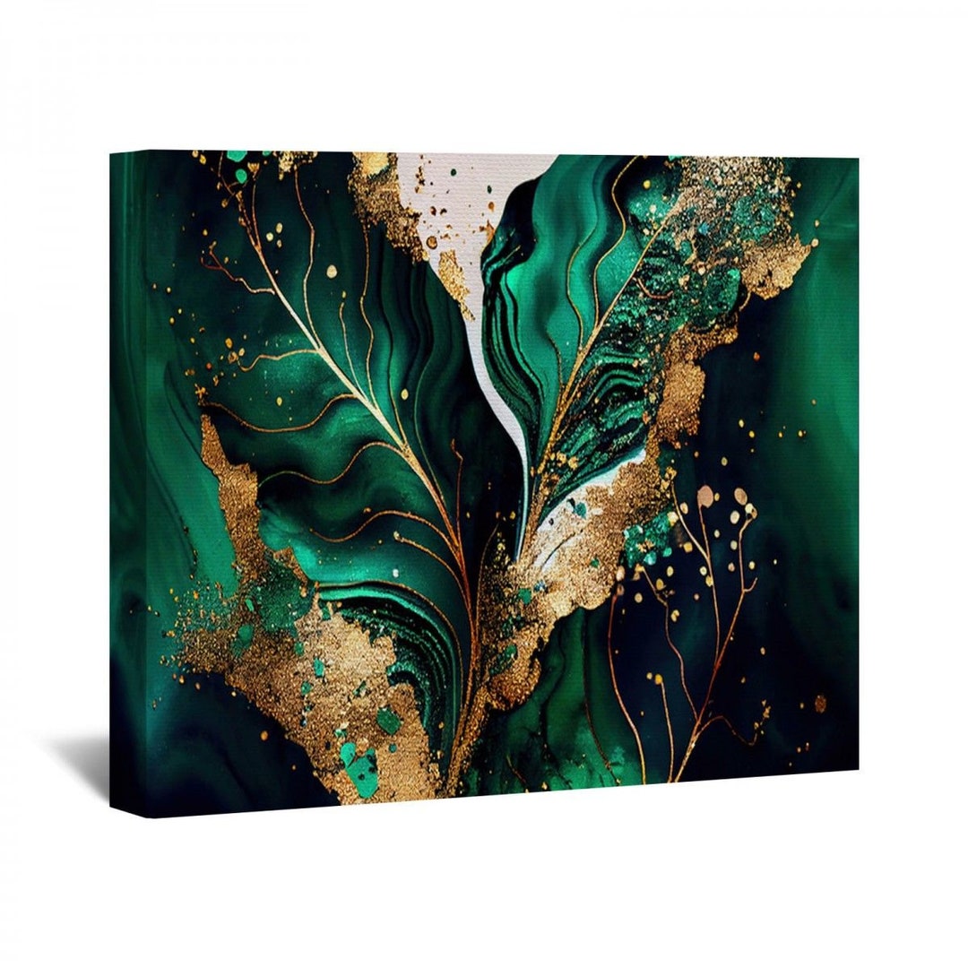 Emerald Green Canvas Marble Leaf Canvas Wall Art Matte Gold Etsy
