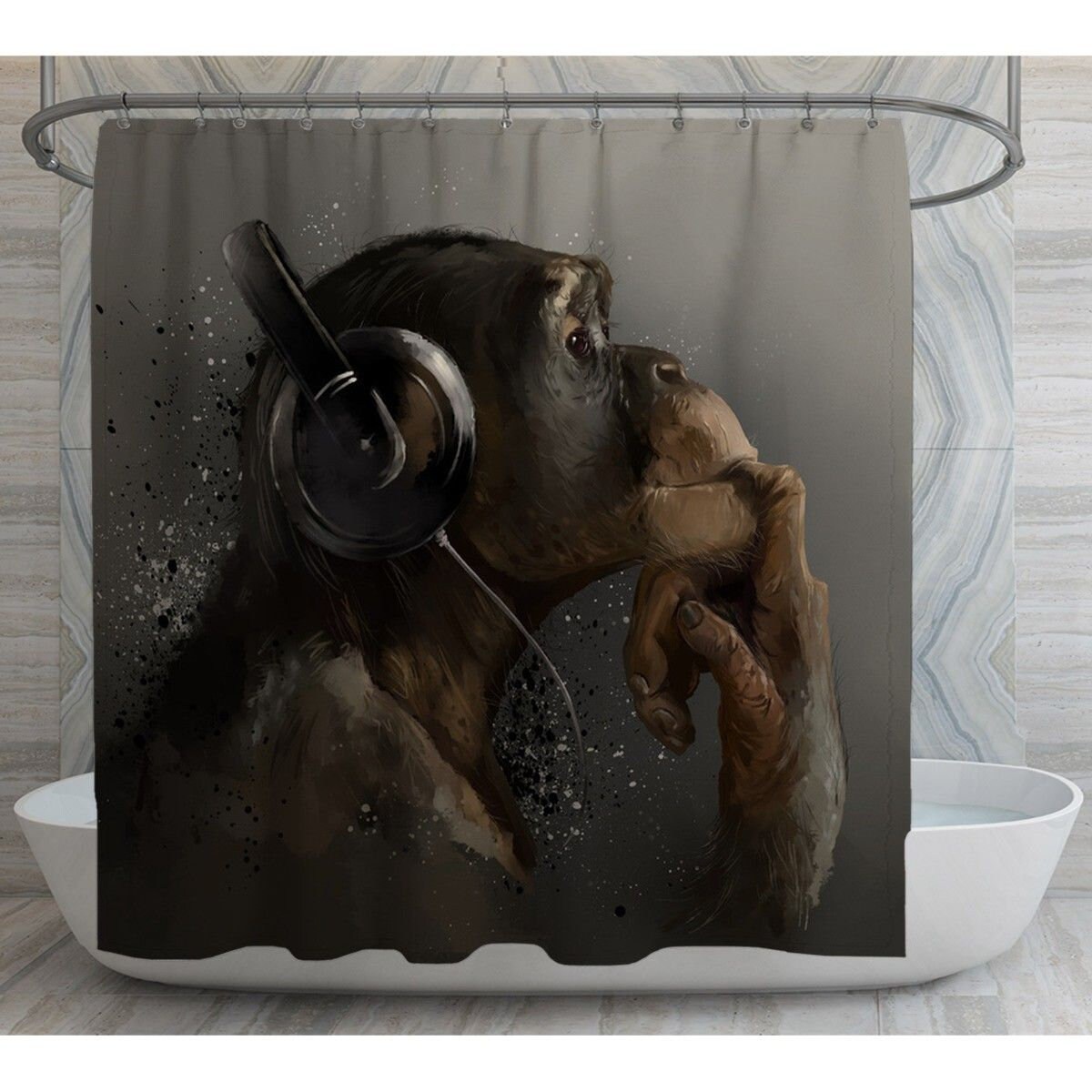 Monkey Shower Curtains Chimpanzee Music Lover Bathroom Decor Dark Gray and Brown Shower Curtains Monkey With Headphones Shower Curtain Etsy UK