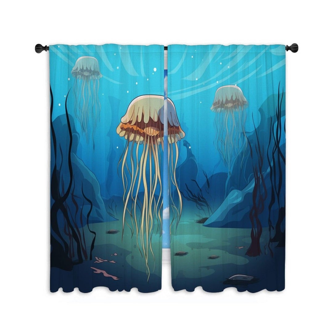Jellyfish Window Curtain Ocean Blue Curtains Sea Animal Etsy