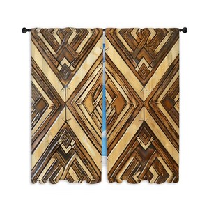 May include: A pair of window curtains with a geometric Art Deco design. The curtains feature a repeating pattern of diamond shapes in shades of brown and beige. The design is symmetrical and detailed, creating a textured appearance. The curtains are hanging on a black rod.