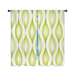 May include: A pair of green and white patterned curtains with a geometric design. The curtains are made of a sheer fabric and have a subtle sheen.