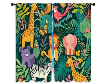 Safari Pattern Window Curtains Safari Drapes Jungle Curtain Panels in Custom Sizes Green Window Curtains Green Drapes Animal Curtains