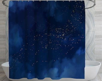 Night Sky Shower Curtain: Navy Blue Watercolor Stars & Clouds