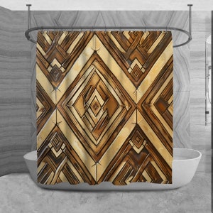 May include: A shower curtain with a geometric design in shades of brown and beige. The pattern features diamond shapes with intricate, angular details, creating a textured, art deco style. The curtain hangs in front of a white bathtub.