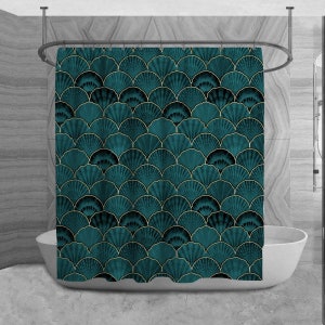 May include: Teal shower curtain with a repeating pattern of gold outlined seashells.