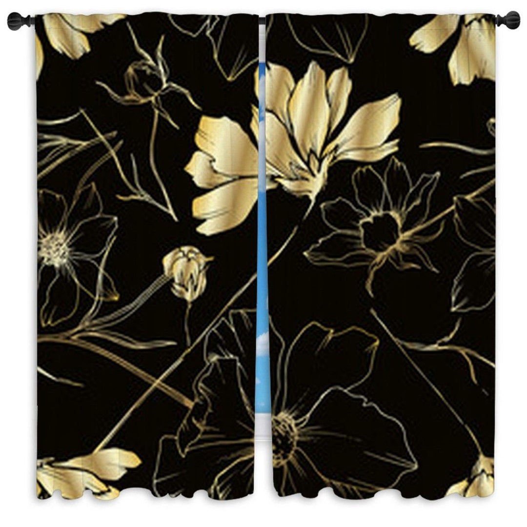 Black and Gold Window Curtains Black and Gold Drapes Botanical Etsy