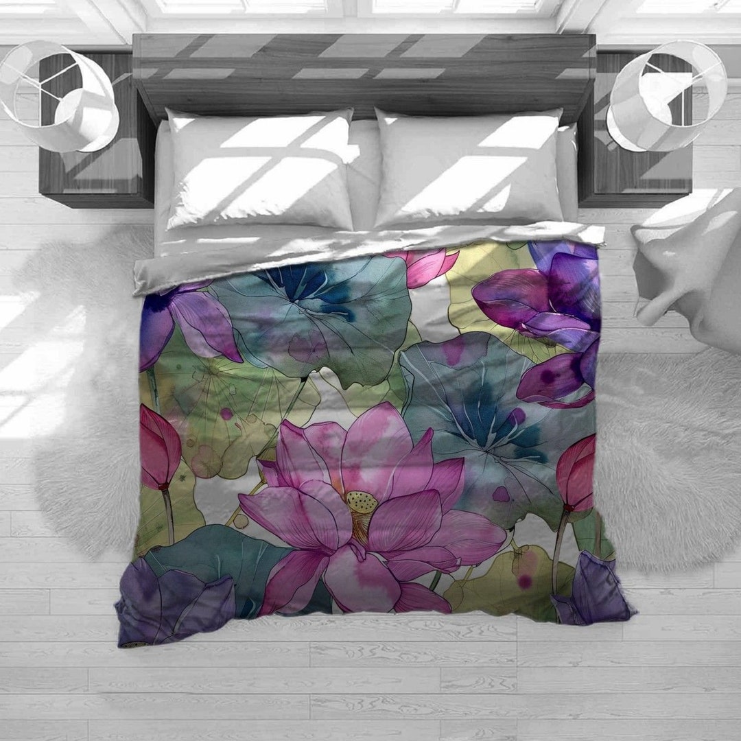 Lotus Flower Bedding, Floral Bedding Set, Lily Pad Comforter, Botanical Duvet Cover, Watercolor