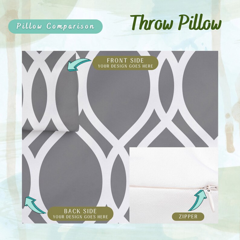 May include: A gray and white throw pillow with a geometric pattern. The pillow has a zipper closure and can be customized with a design on the front and back.
