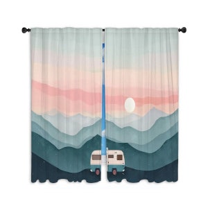 Camping Window Curtains Camper In The Mountains Curtains Beige And Teal Drapes RV Camper Curtain Panel Nature Curtain