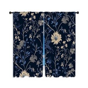 Navy Floral Window Curtains Blue And Black Drapes Flower Curtain Blue Floral Curtain Panel Dark Blue Curtains Botanical Window Curtains
