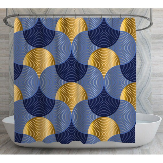 Art Deco Shower Curtain Blue and Gold Abstract Fan Pattern | Etsy