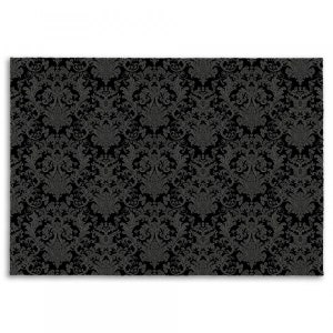 May include: Black and white damask pattern wallpaper with a repeating design of stylized floral motifs.