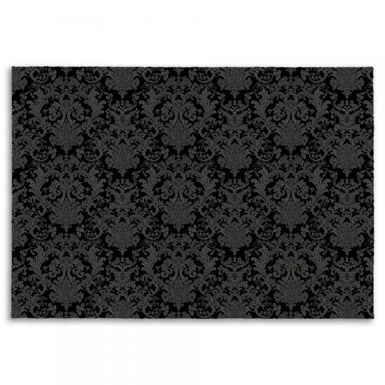 May include: Black and white damask pattern wallpaper with a repeating design of stylized floral motifs.