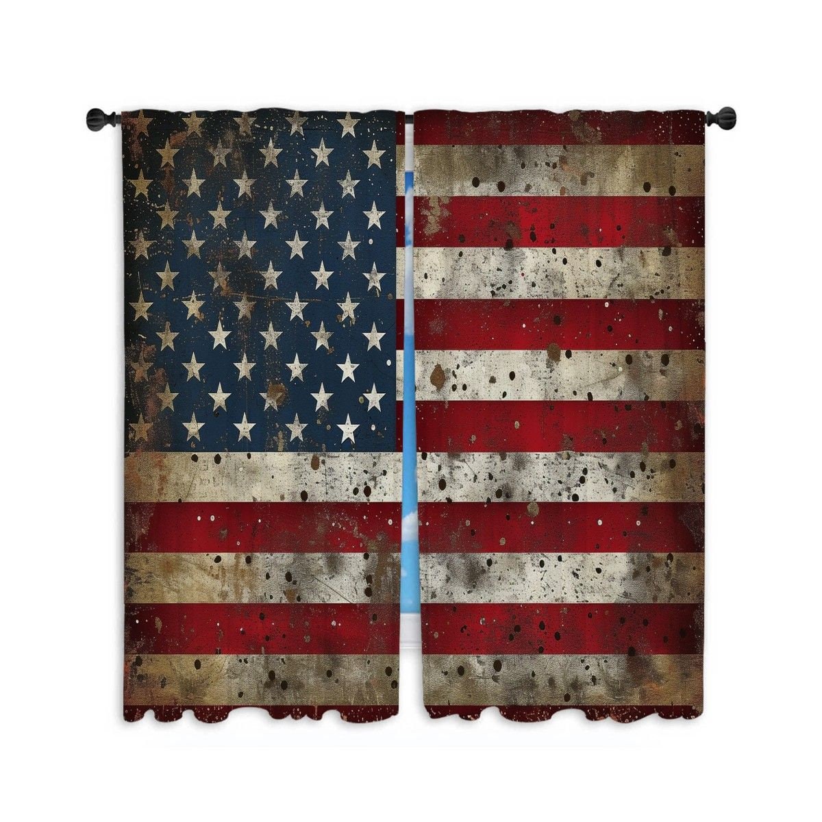 Vintage American Flag Window Curtain,Men 3D Bass Fish Curtains,Hunting  Fishing Window Treatment Curtain for Kids Boys Adult Room Decor,Rustic