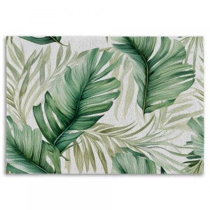 May include: A seamless pattern of green tropical leaves on a white background. The leaves are arranged in a random pattern and are of varying sizes. The leaves have a watercolor effect and are slightly faded.