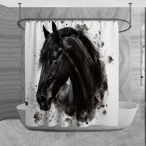 Abstract Horse Shower Curtains Watercolor Style Shower Curtain Animal Art Decor Black Stallion Bathroom Grungy Design Bath Decor