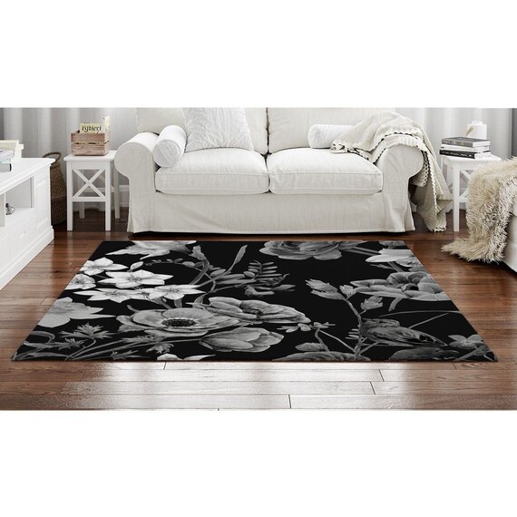 Floral Area Rug Floral Rug Monochrome Rug Black Floral Rug Etsy