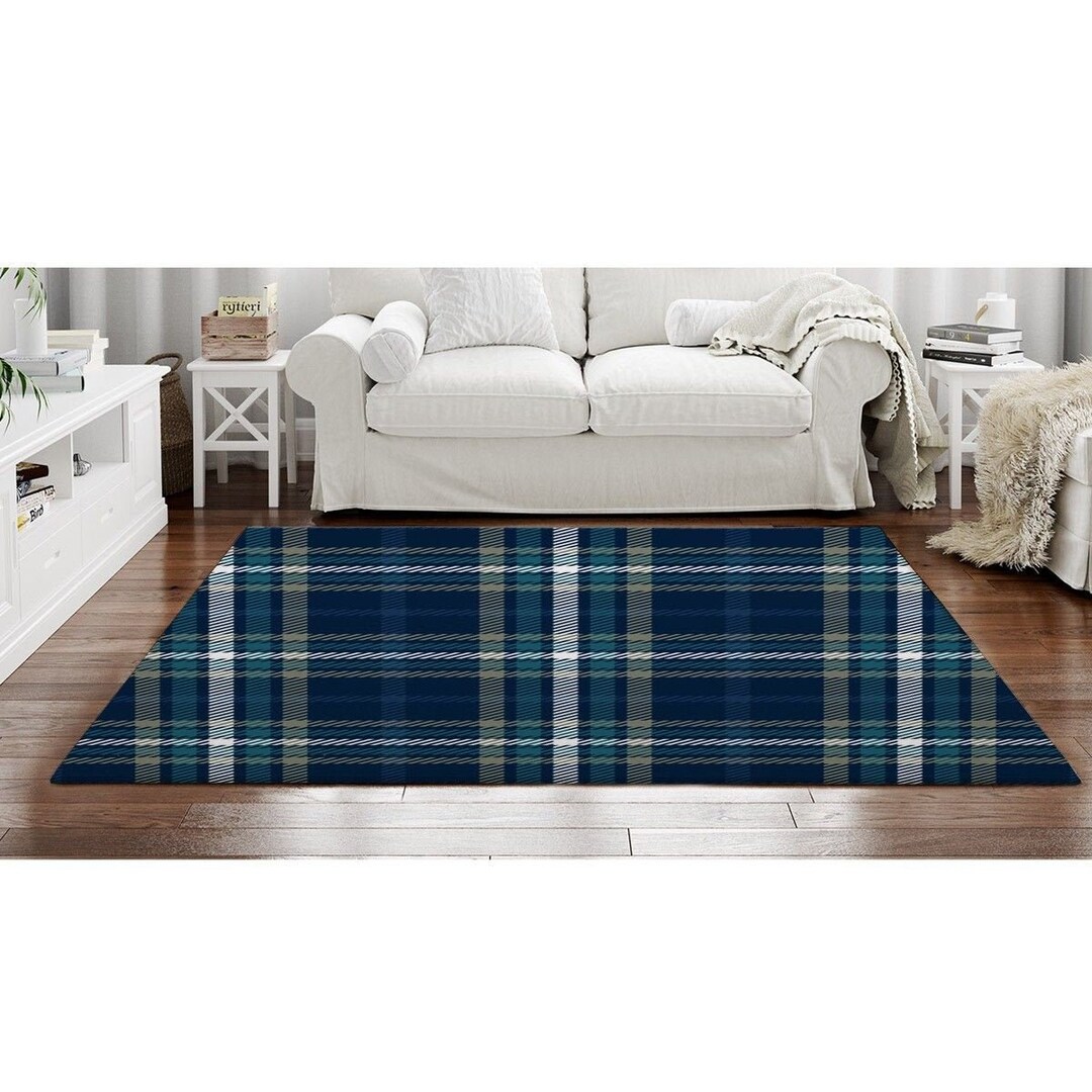 Navy and Teal Rugs Plaid Area Rug Navy and Teal Plaid Area Etsy
