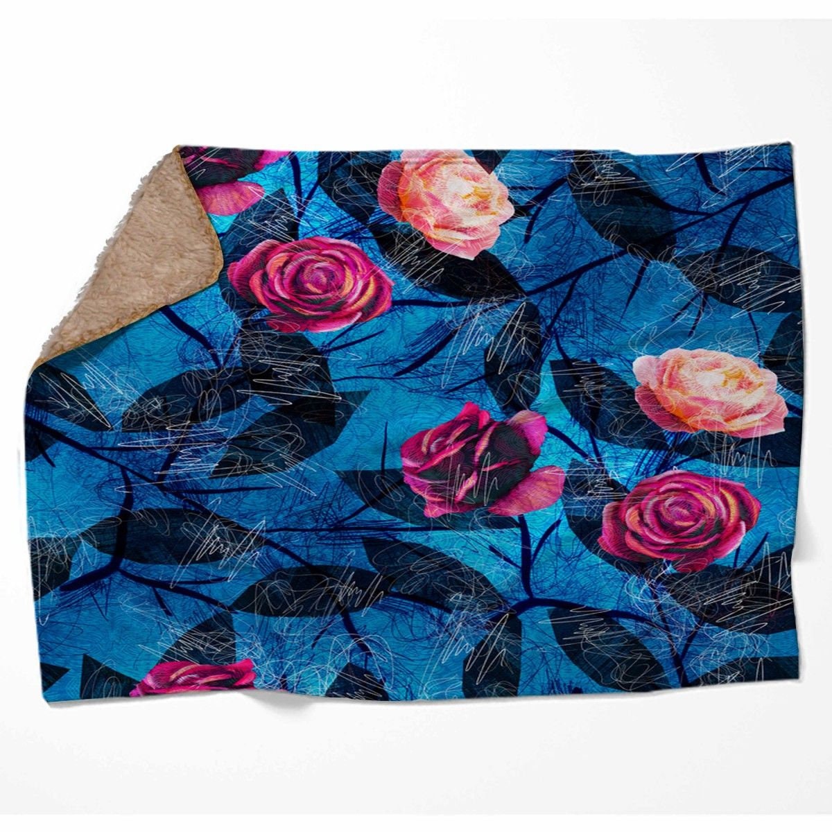 Blue And Pink Floral Fleece Blanket Blue Throw Blanket Rose Etsy