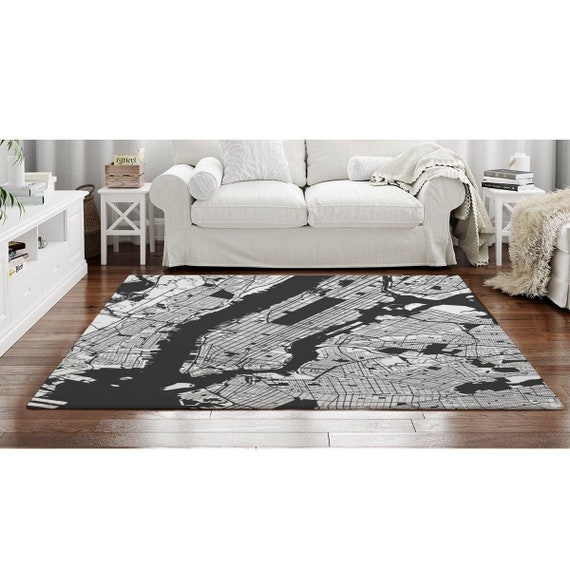 New York Map Print Rug New York Rug Gray and White Area Rug Etsy