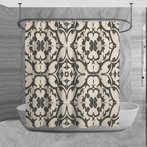 Spanish Tile Shower Curtain: Beige Gray Mosaic, Talavera Bath Decor