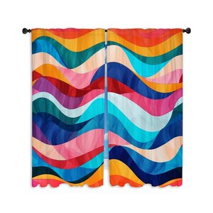 Abstract Colorful Window Curtains Multicolored Waves Curtains Blue Pink And Yellow Drapes Contemporary Theme Curtain Panel Groovy
