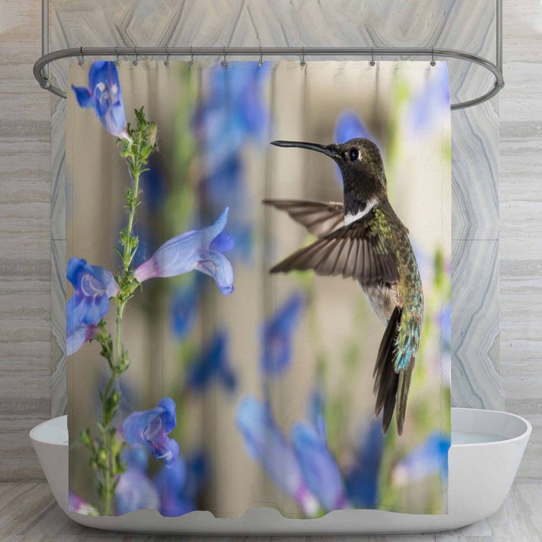 Hummingbird Shower Curtains Blue Flowers Shower Curtain Etsy