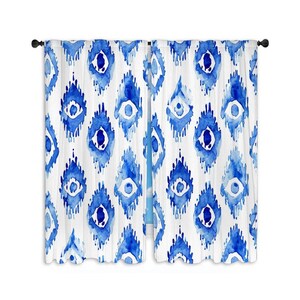 White And Blue Window Curtains White And Blue Ikat Pattern Drapes Ikat Curtain Panel White Drapes White Curtain Panels Blue Curtains